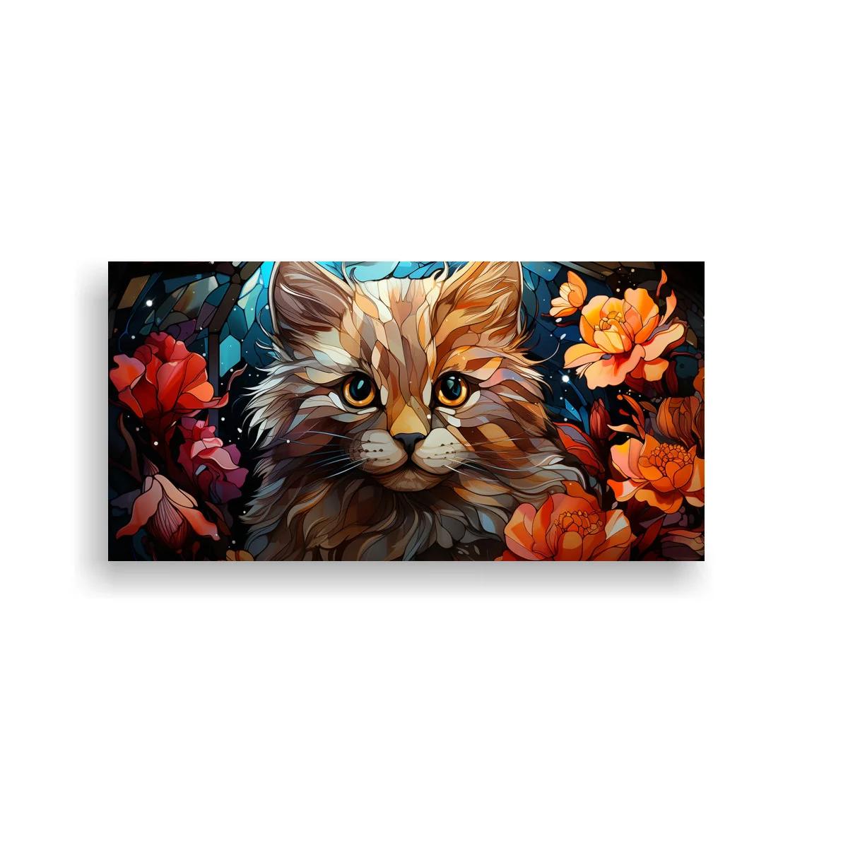 Cuadro gato de pelo largo atigrado con flores y fondo oscuro — imagen principal