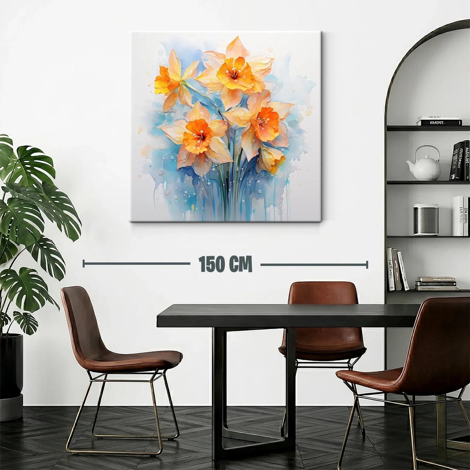 Cuadro floral con narcisos en tonos cálidos y azules suaves — miniatura 2