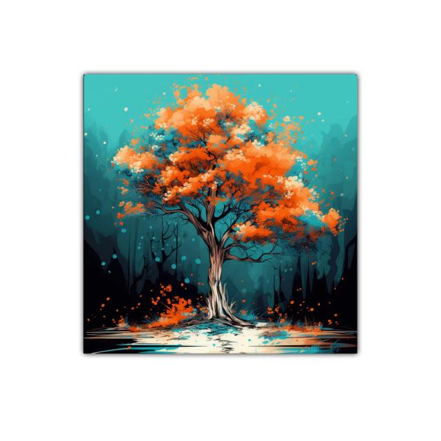 Árbol vibrante con follaje naranja en paisaje azul
