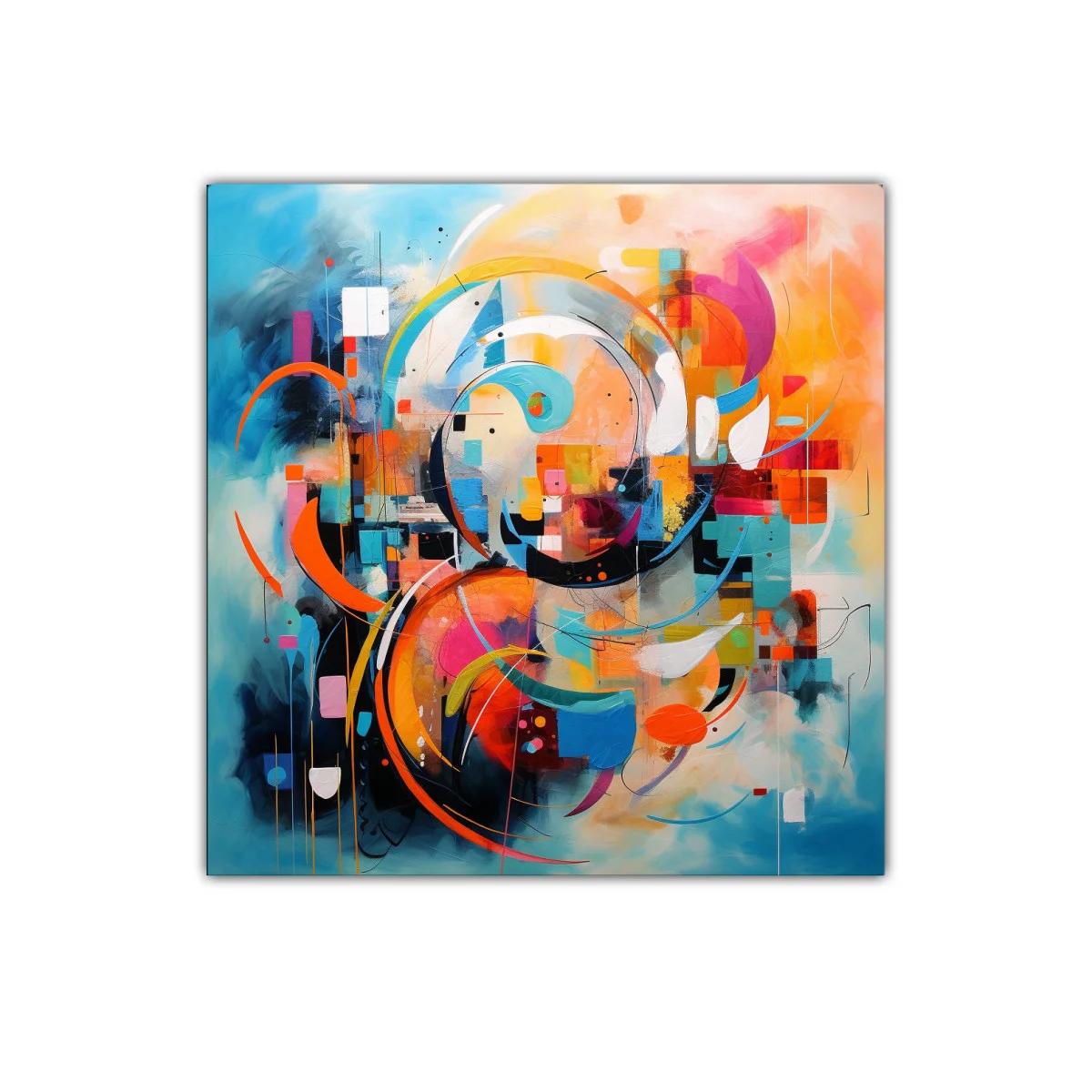 Cuadro abstracto con formas y colores vibrantes en movimiento