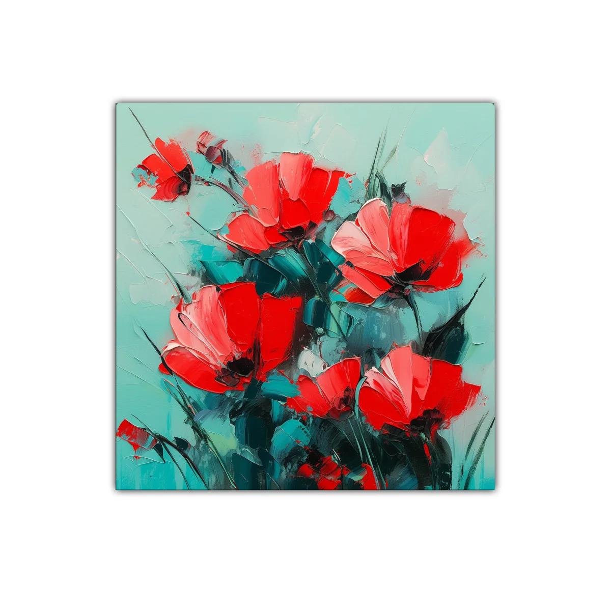 Cuadro floral con vibrantes amapolas rojas sobre fondo turquesa — imagen principal