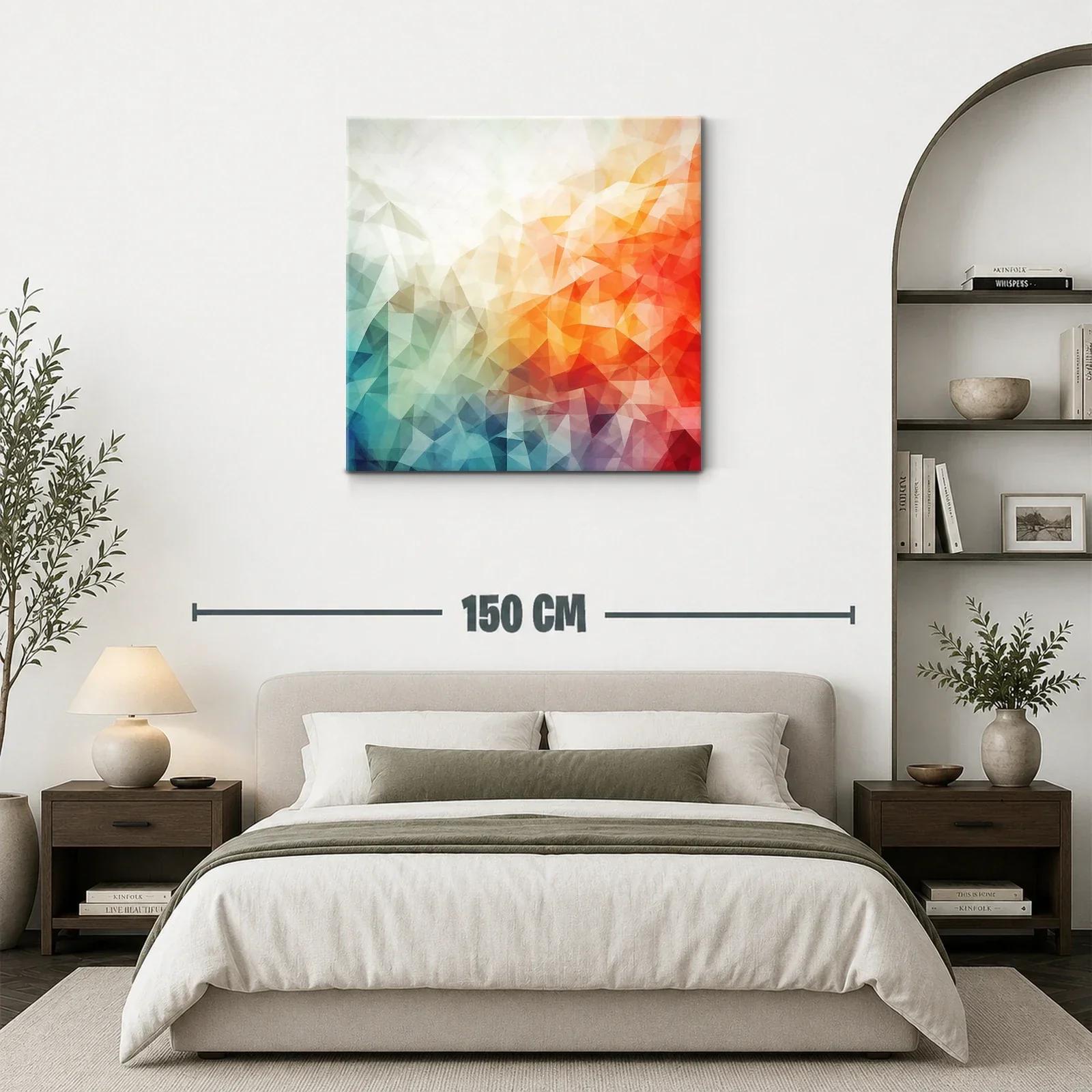 Cuadro abstracto con tonos cálidos y fríos en triángulos — miniatura 3