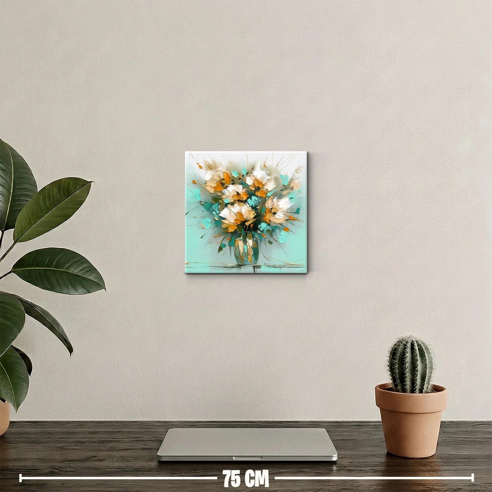 Cuadro decorativo con ramo floral en tonos turquesa y naranja — miniatura 2