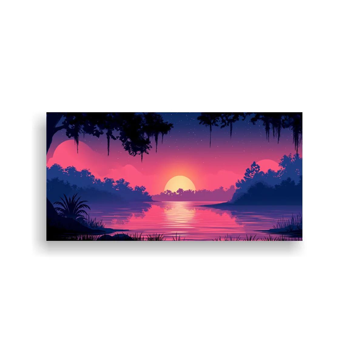 Cuadro atardecer sobre un lago con árboles oscuros y reflejo extendido