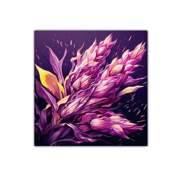 Cuadro floral vibrante con tonos púrpuras y amarillos