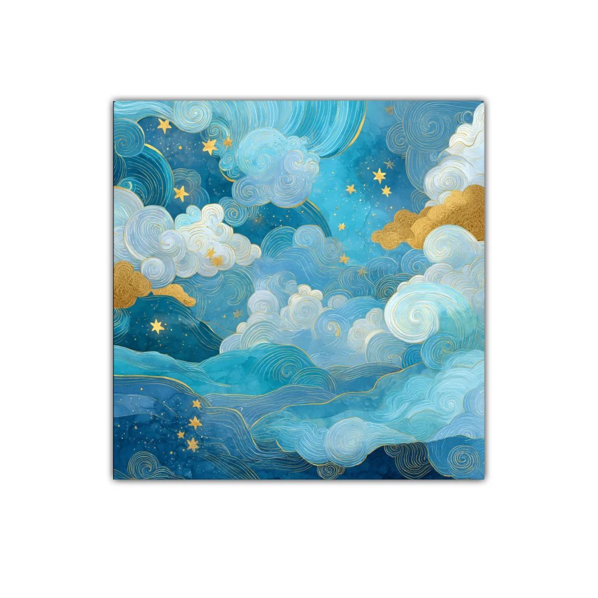 Cuadro abstracto de cielo estrellado con nubes doradas — imagen principal