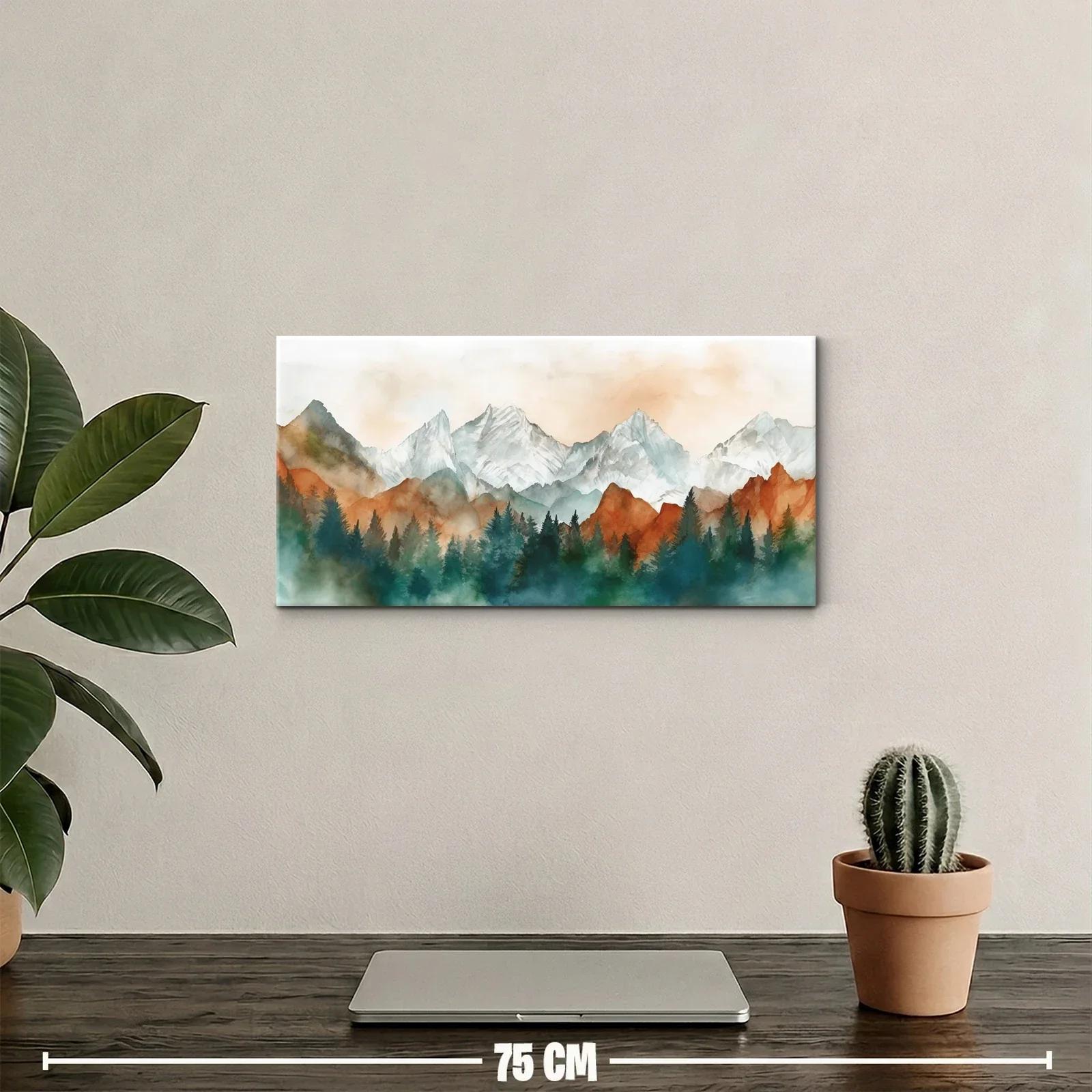 Cuadro cordillera de montañas nevadas con bosque oscuro y bruma — miniatura 2