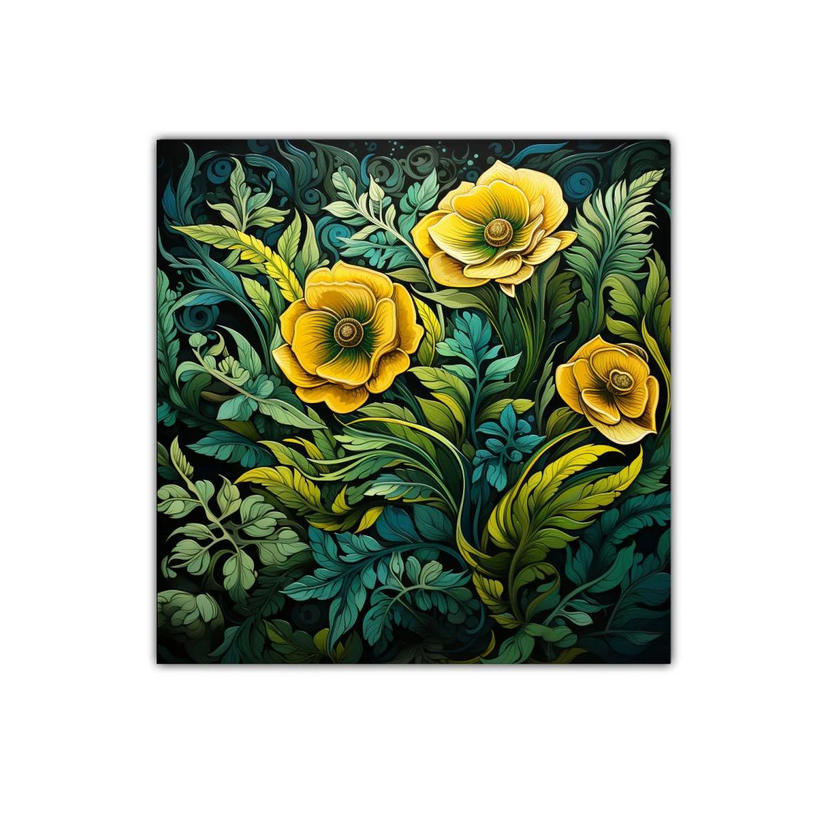 Cuadro decorativo con flores amarillas y follaje exuberante