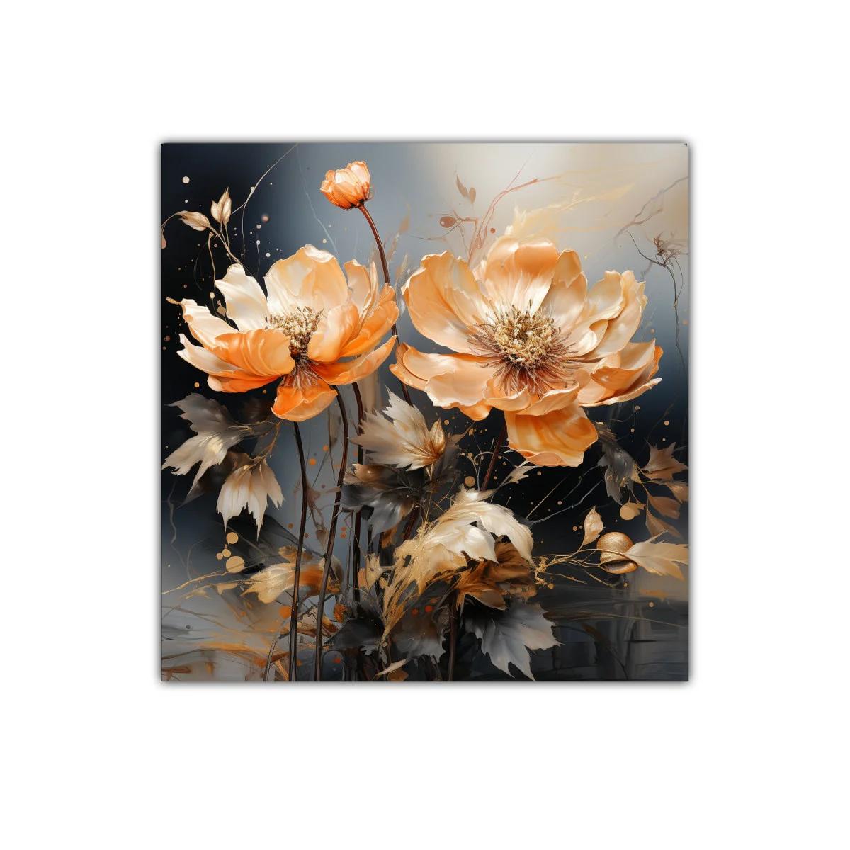 Cuadro floral en tonos cálidos con detalles dorados elegantes