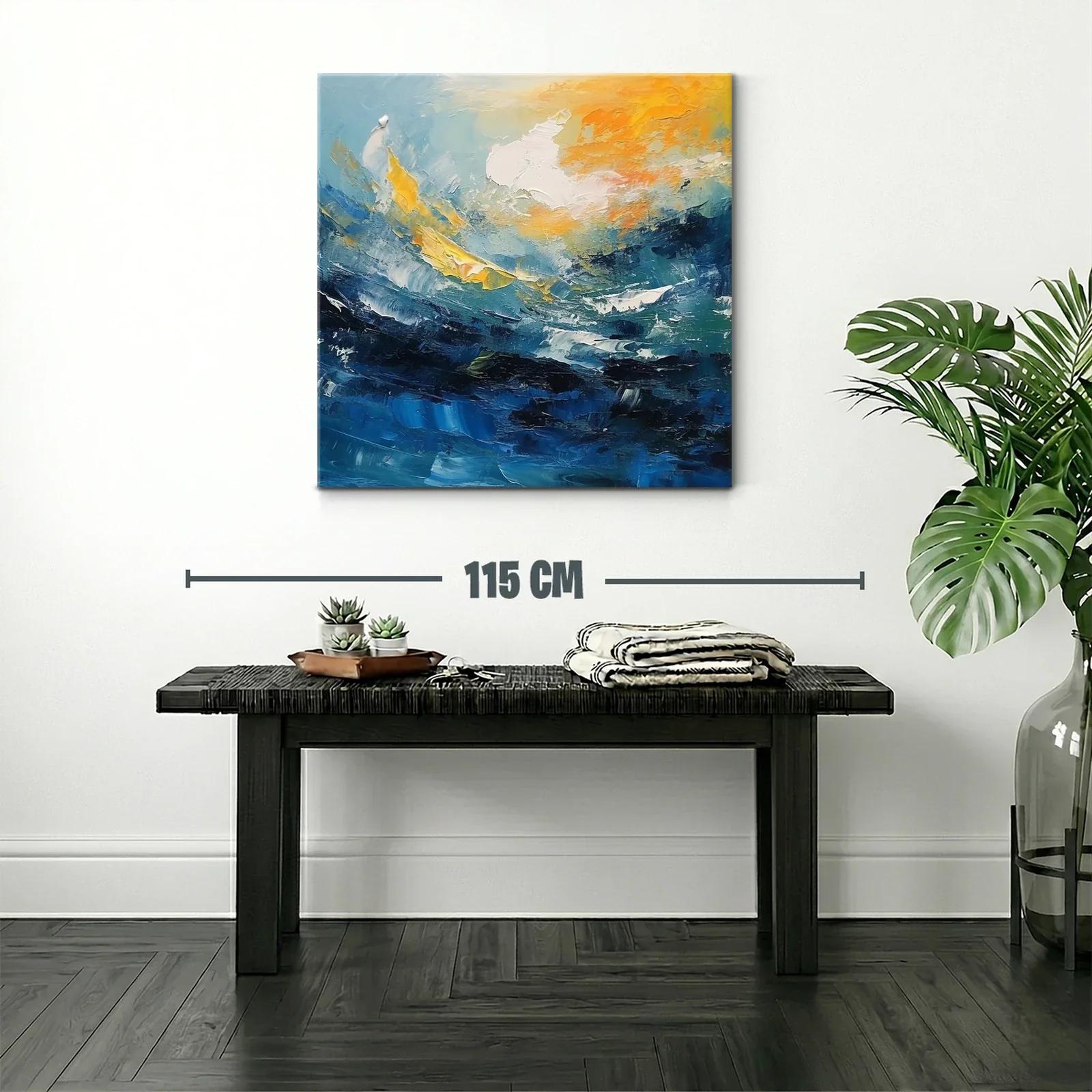 Cuadro abstracto con dinámicas olas y cielo en tonos cálidos — miniatura 2