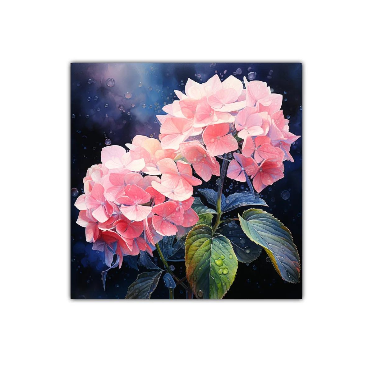 Cuadro decorativo con flores rosa y hojas verdes sobre fondo azul oscuro — imagen principal