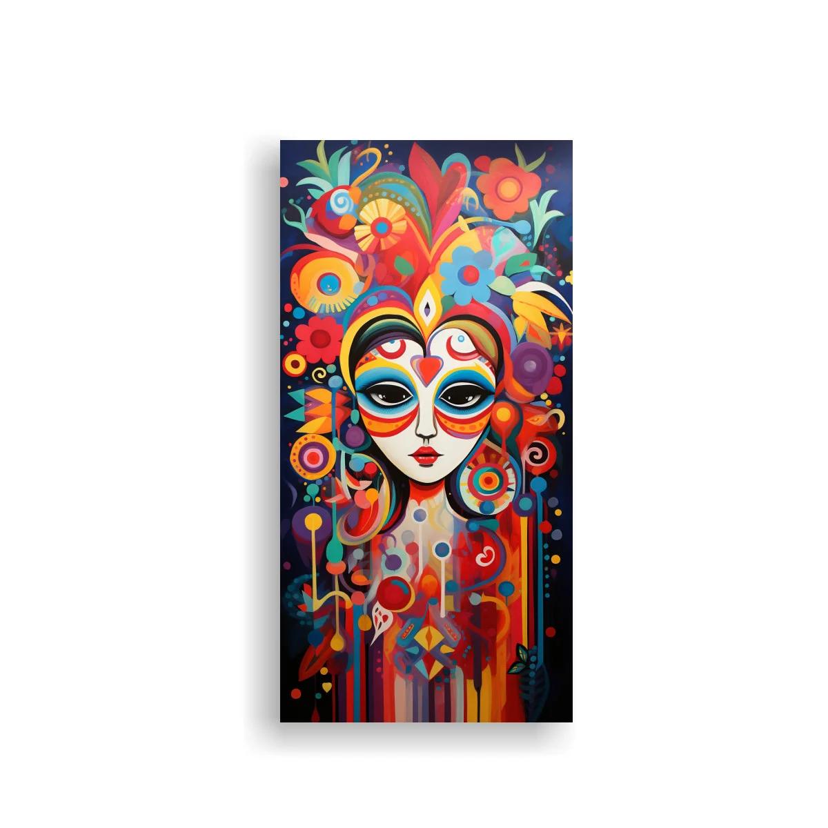Cuadro rostro femenino surrealista con flores y formas circulares