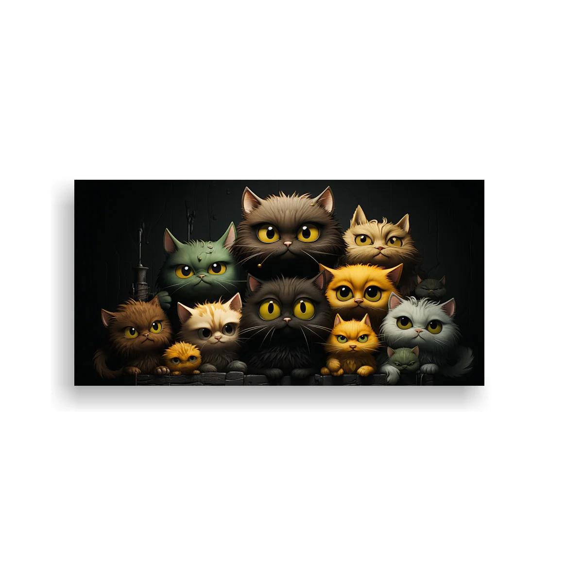 Cuadro grupo de gatos de ojos grandes con fondo oscuro