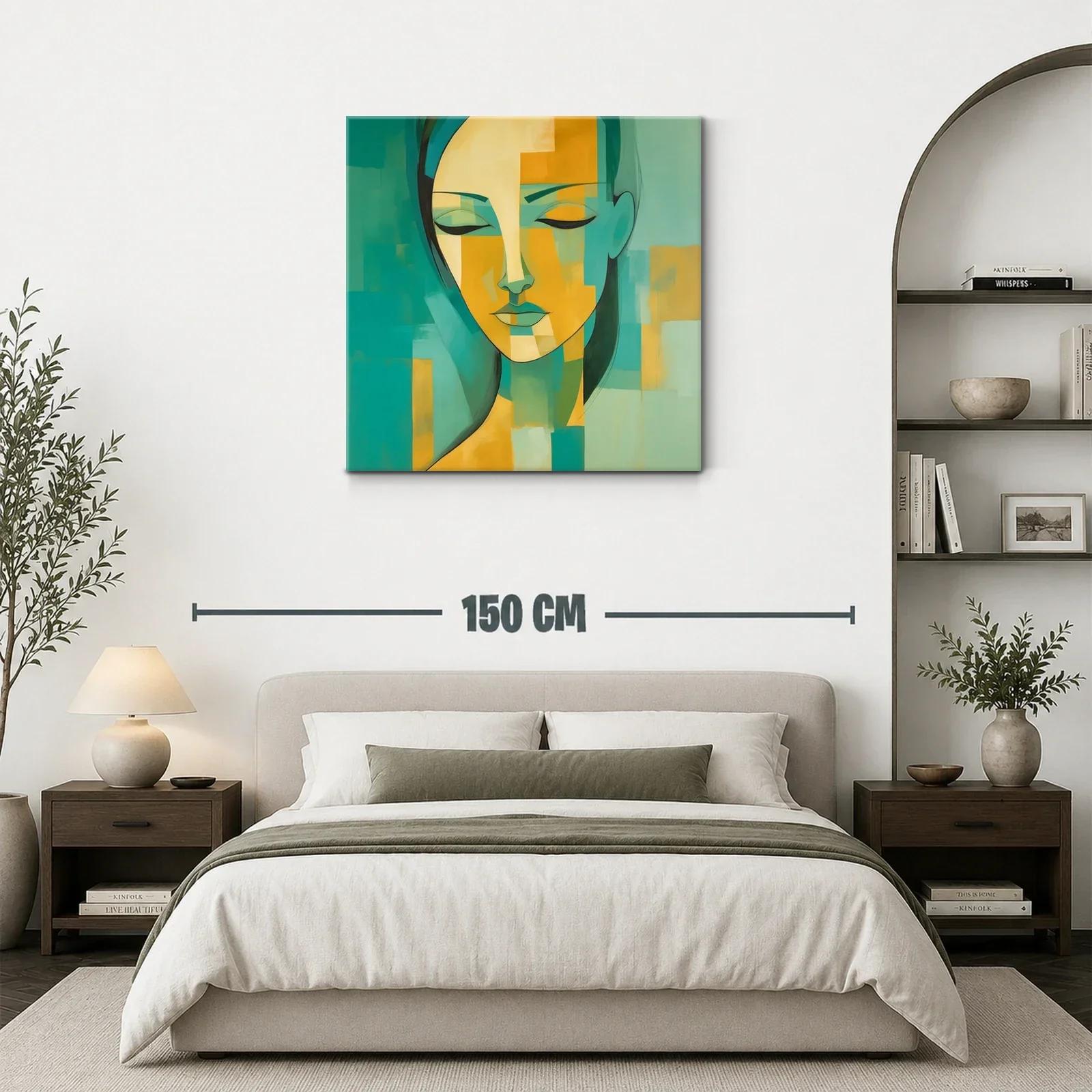 Cuadro abstracto rostro femenino en tonos verdes y amarillos — miniatura 3