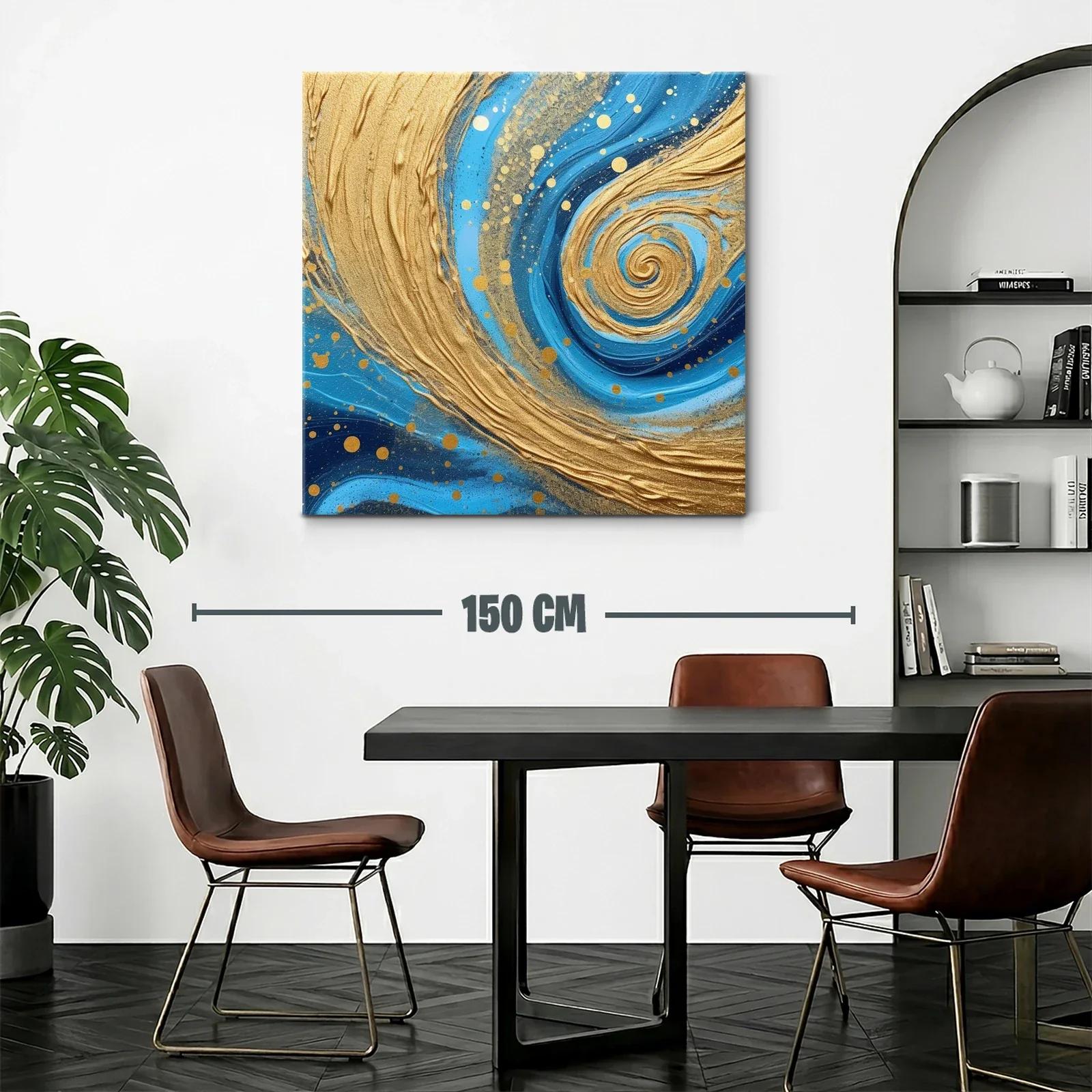 Cuadro abstracto con remolinos dorados y tonos azules — miniatura 2