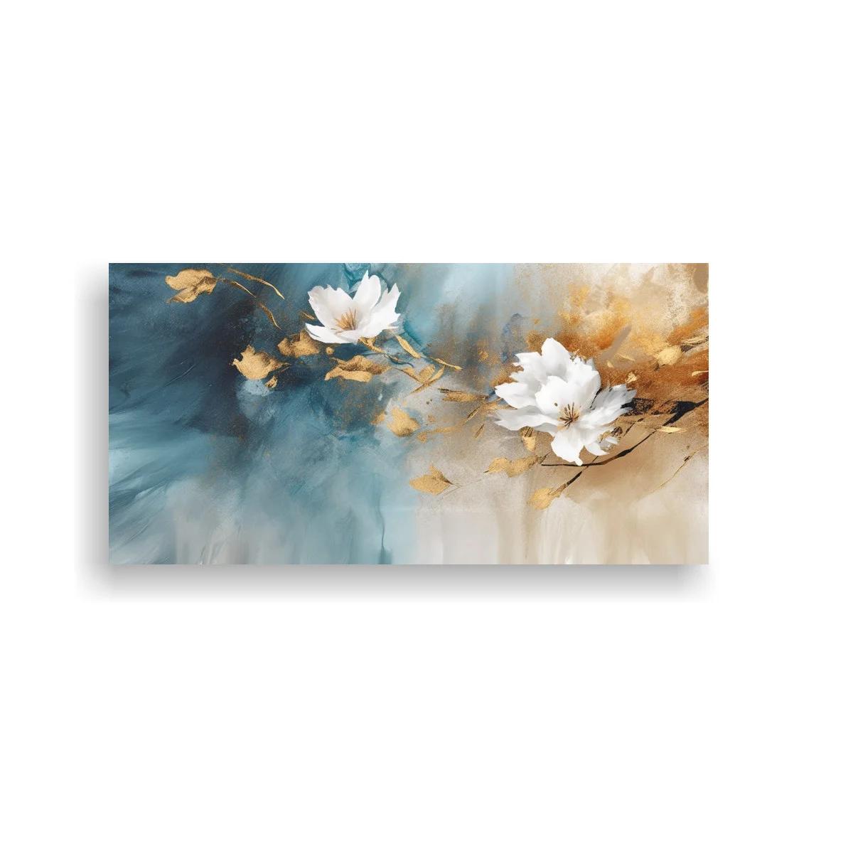 Cuadro flores blancas tipo magnolia con hojas doradas