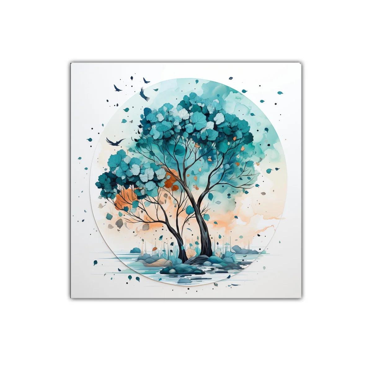 Árboles en paisaje sereno con tonos azul y naranja