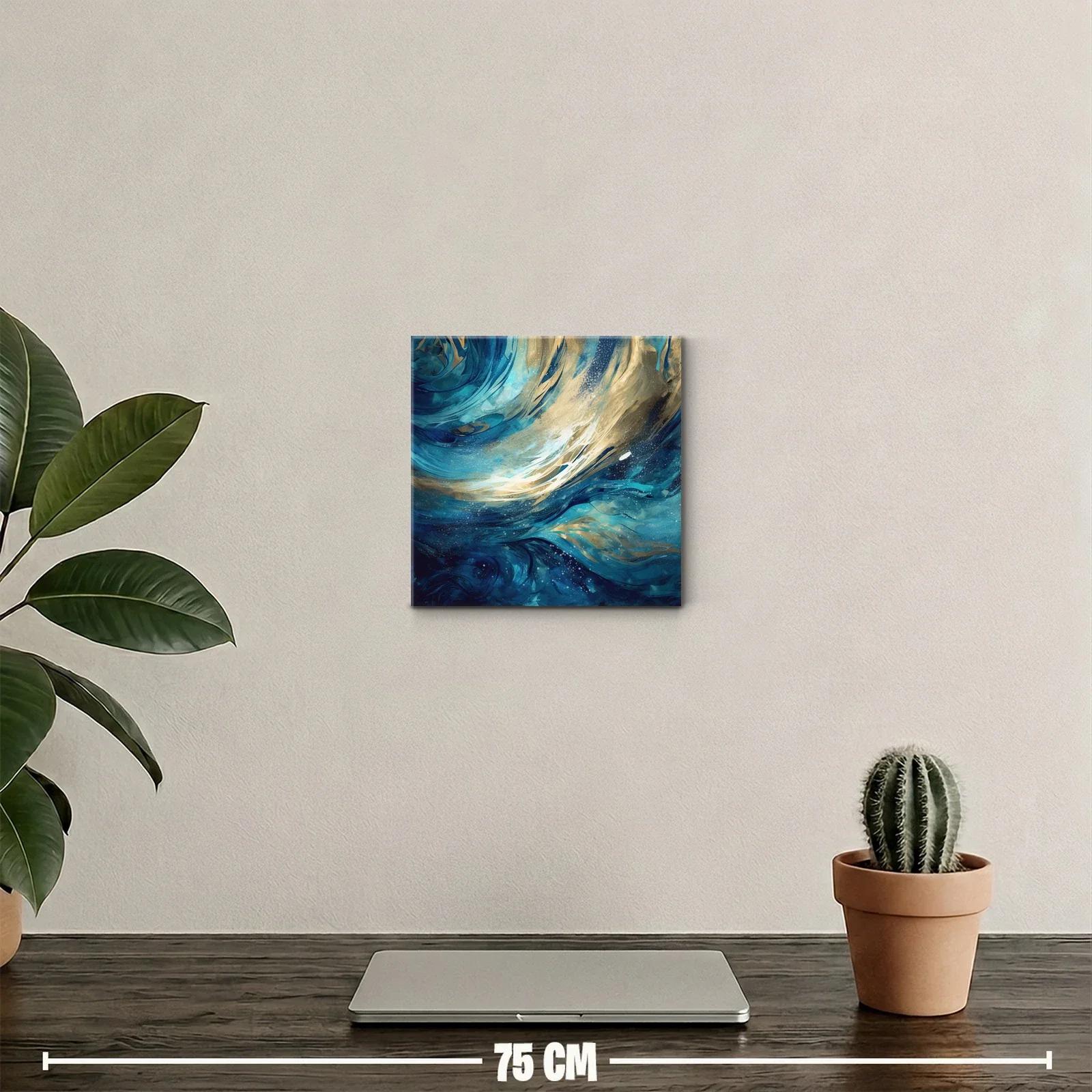 Cuadro abstracto con ondas dinámicas en tonos azul y dorado — miniatura 2