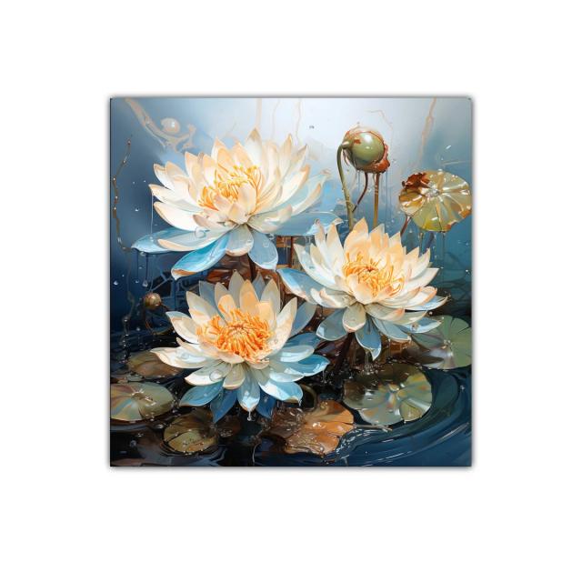 Cuadro decorativo con loto blanco y tonos azules vibrantes