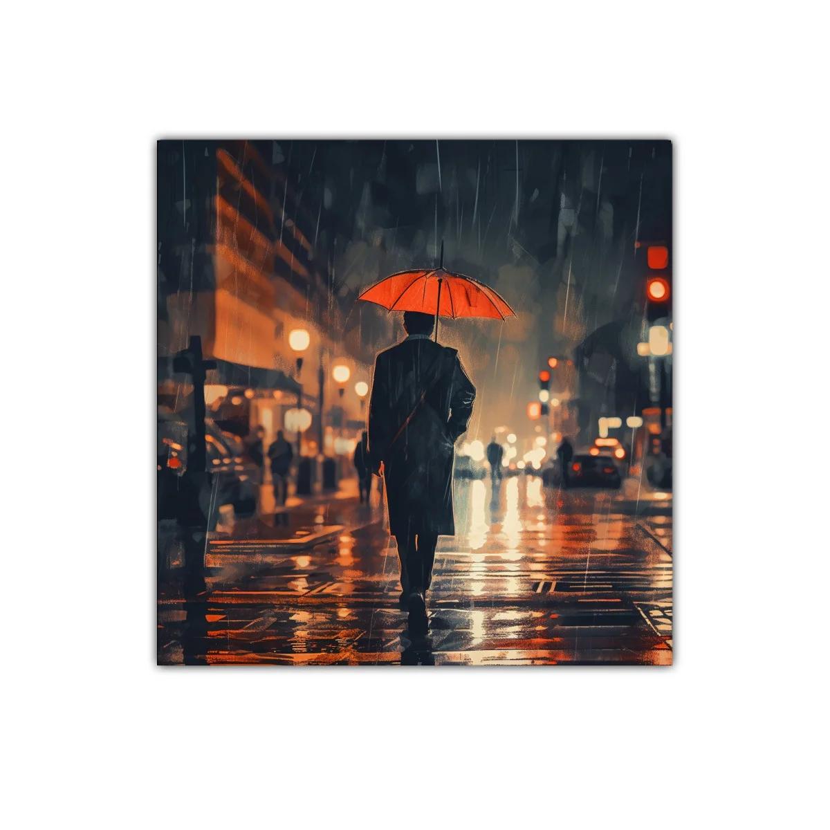 Atardecer urbano con paraguas rojo bajo la lluvia — imagen principal