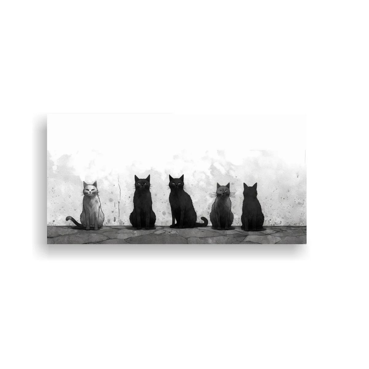 Cuadro fila de cinco gatos negros con fondo texturizado — imagen principal
