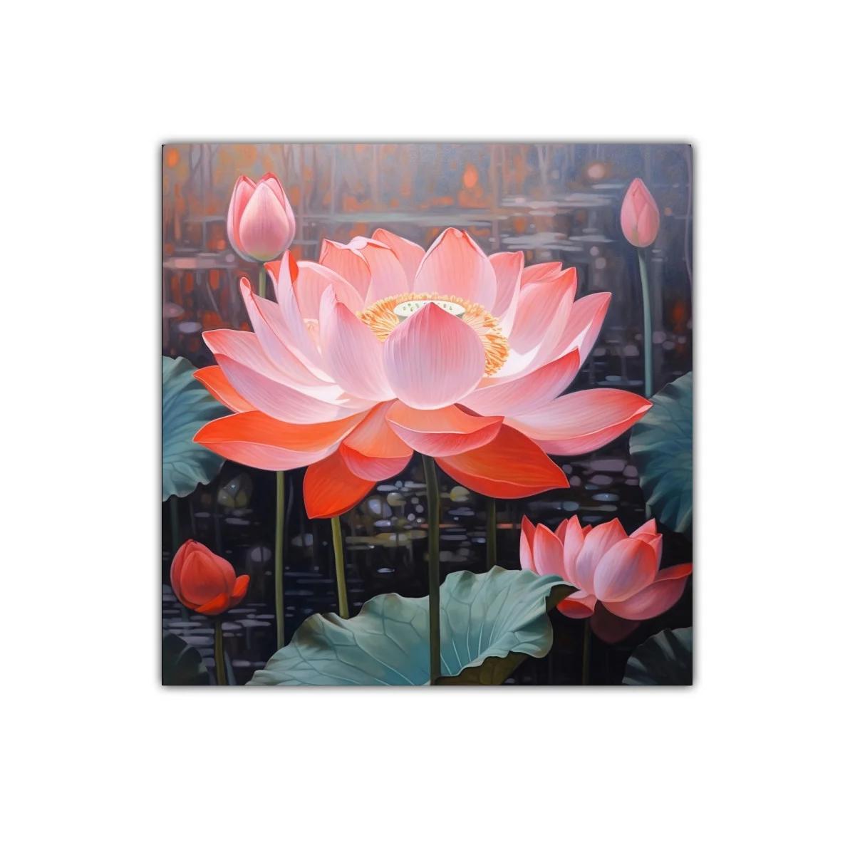Flor de loto en tonos cálidos y fondo oscuro