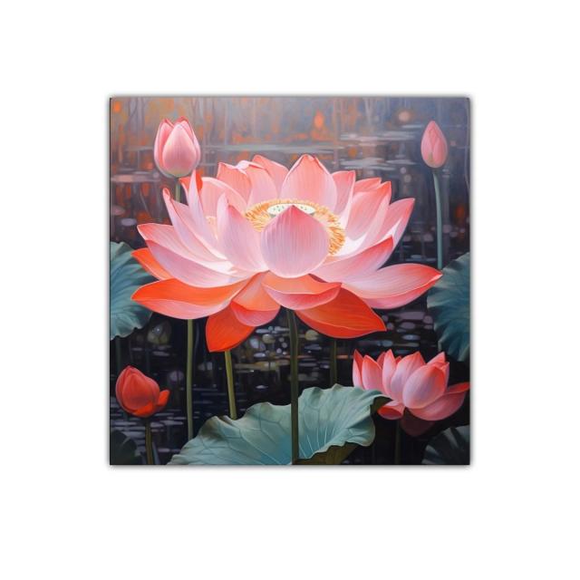 Flor de loto en tonos cálidos y fondo oscuro