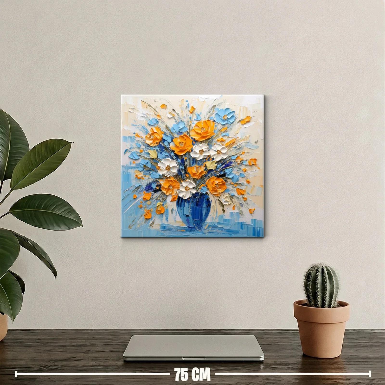 Flores vibrantes en jarrón azul con tonos cálidos y frescos — miniatura 2
