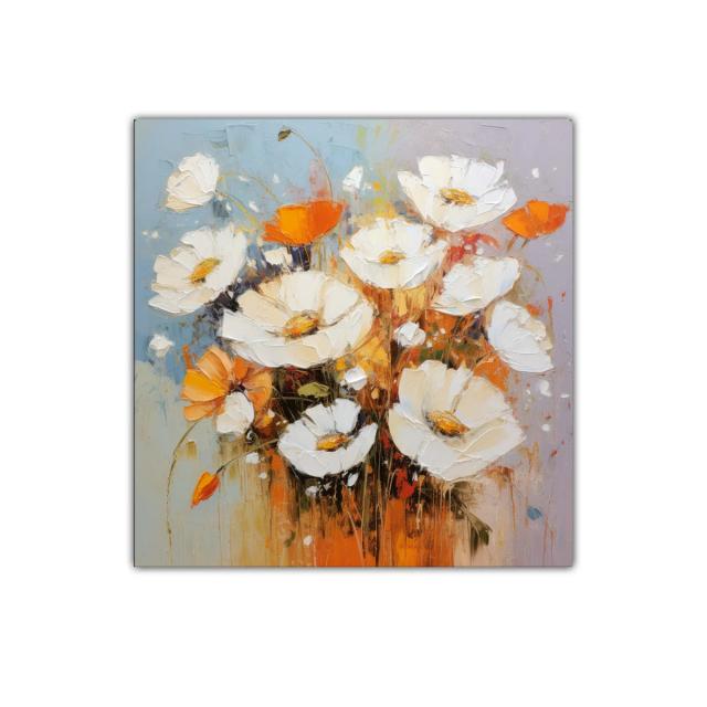 Cuadro de flores blancas y naranjas con toque abstracto