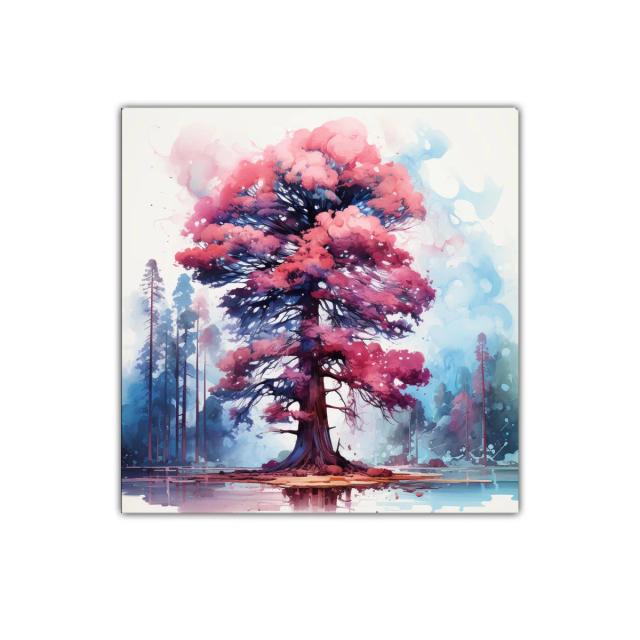 Árbol vibrante con follaje en tonos rosa y azul