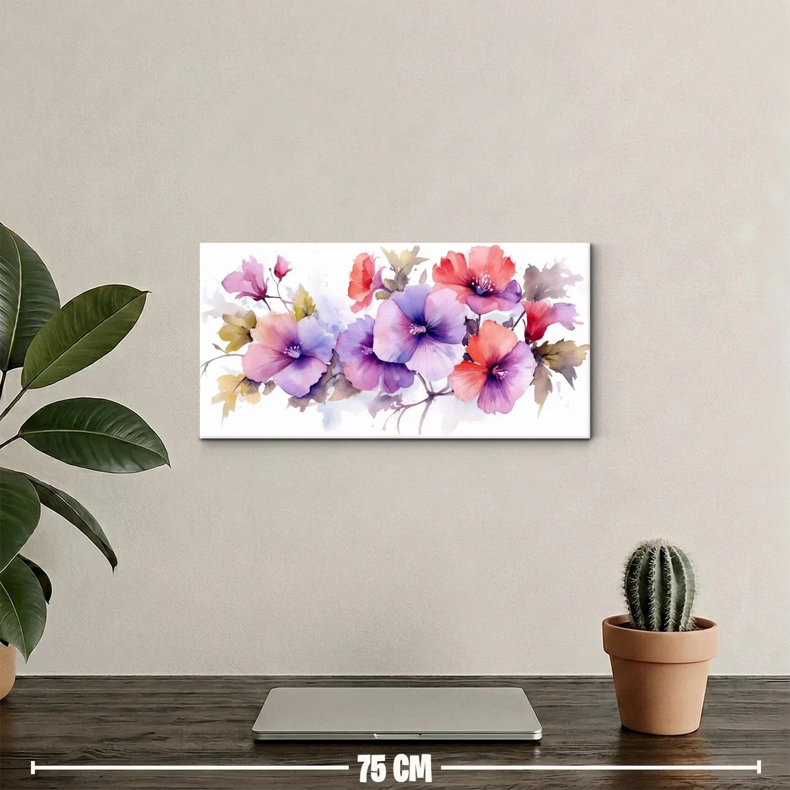 Cuadro flores tipo hibisco en acuarela con pétalos rosa y violeta — miniatura 2