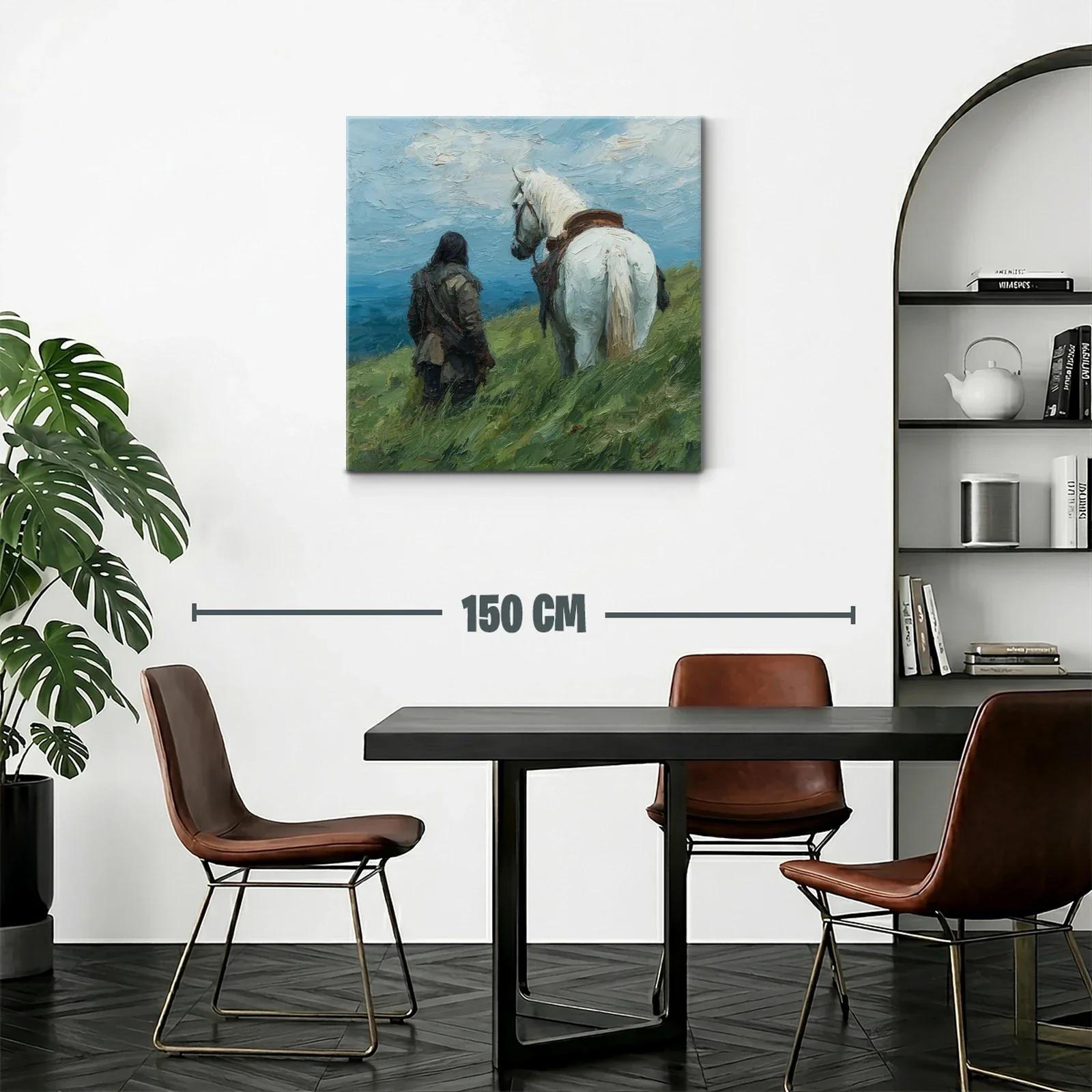 Escena Campestre con Jinete y Caballo Blanco en Paisaje Abierto — miniatura 2