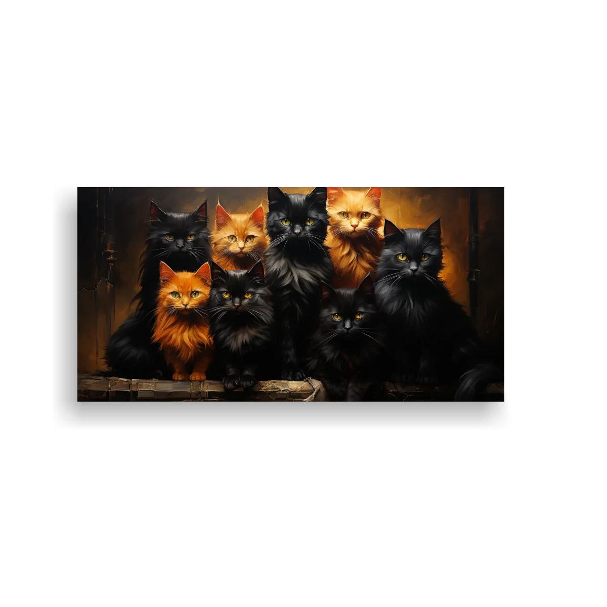 Cuadro grupo de gatos de pelo largo sobre repisa de madera
