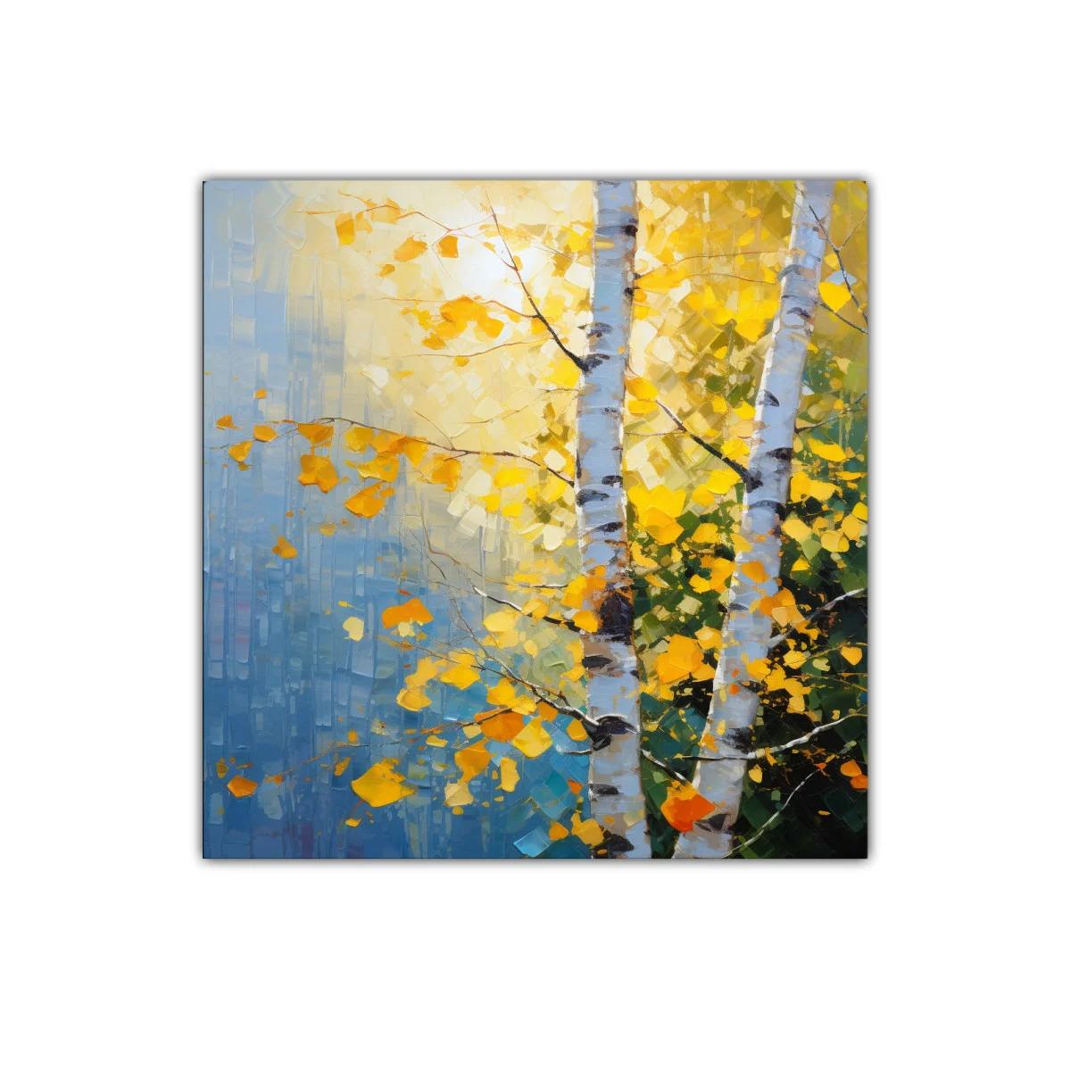 Cuadro con árboles de otoño en tonos cálidos y azules — imagen principal