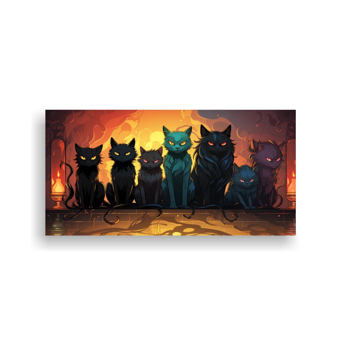 Cuadro grupo de gatos negros con ojos brillantes y velas