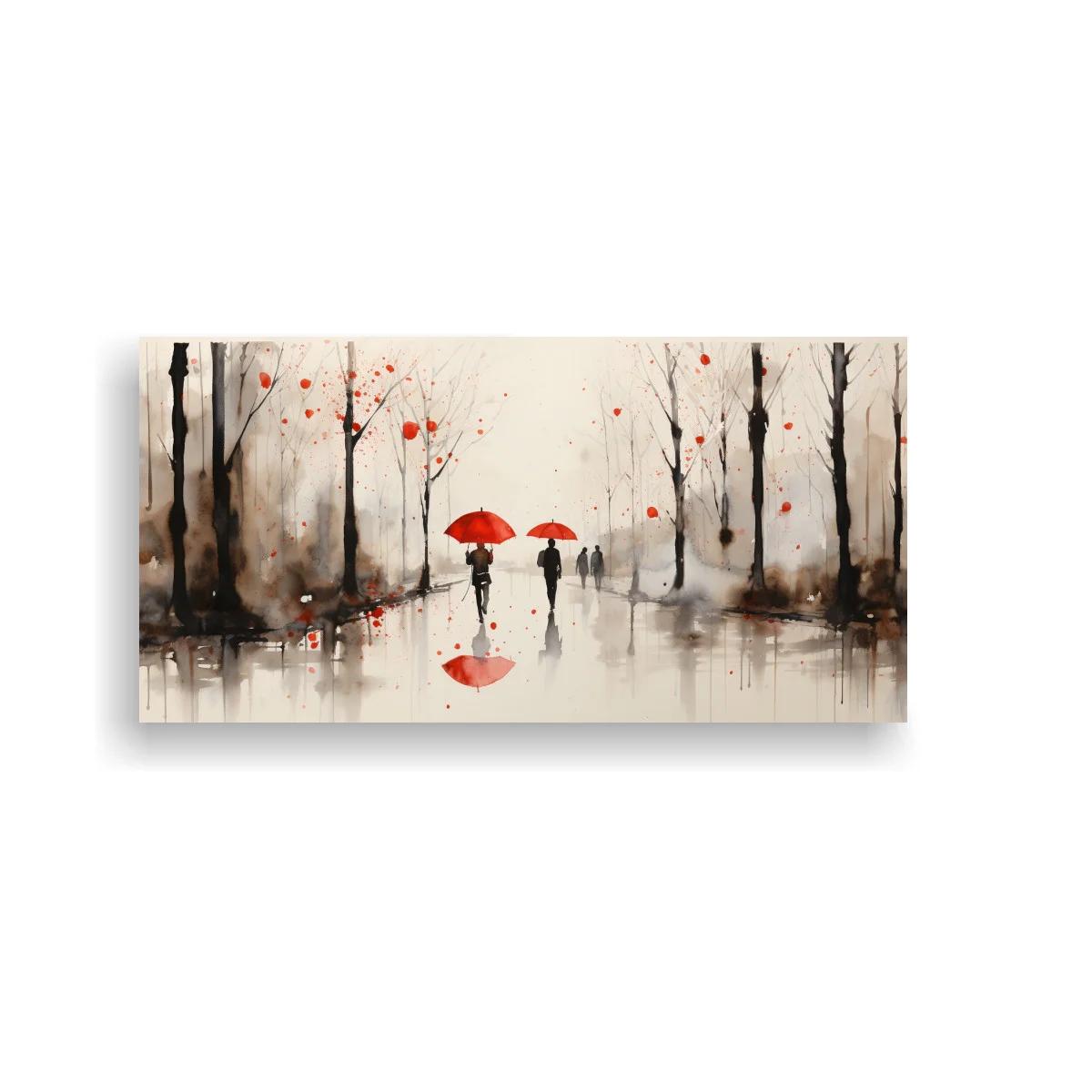 Cuadro pareja con paraguas rojos y paseo arbolado — imagen principal