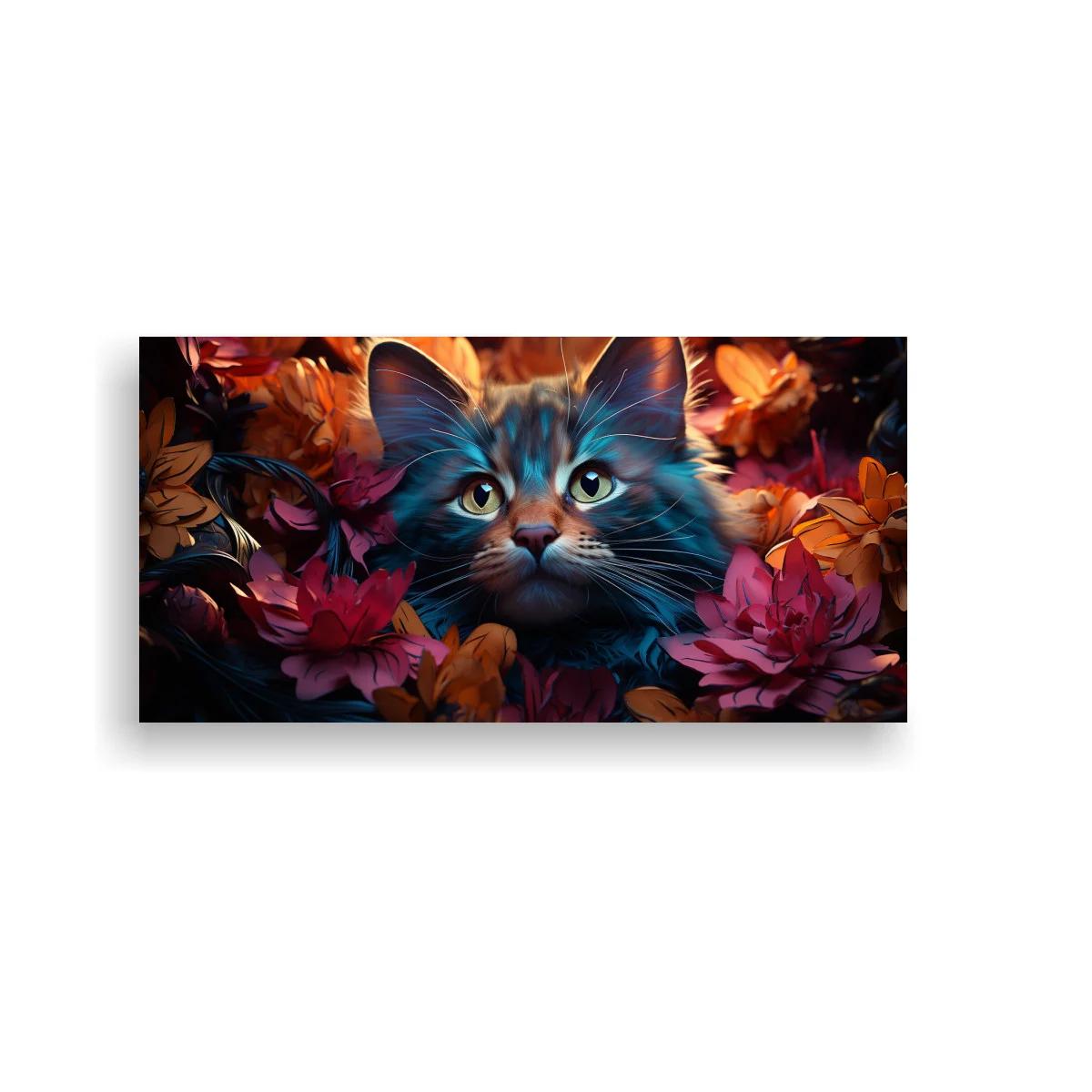 Cuadro rostro de gato de pelo largo entre flores y hojas — imagen principal