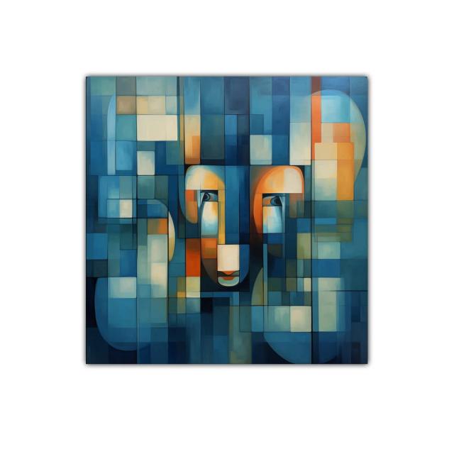 Composición abstracta con figuras y tonos azules y cálidos
