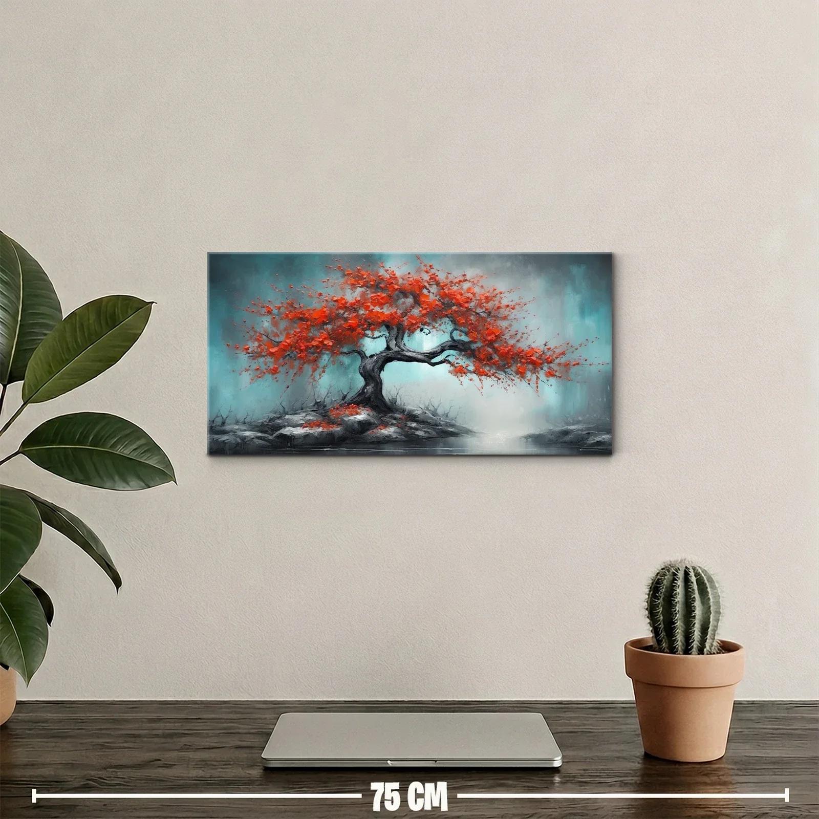 Cuadro árbol rojo inclinado con fondo nebuloso — miniatura 2