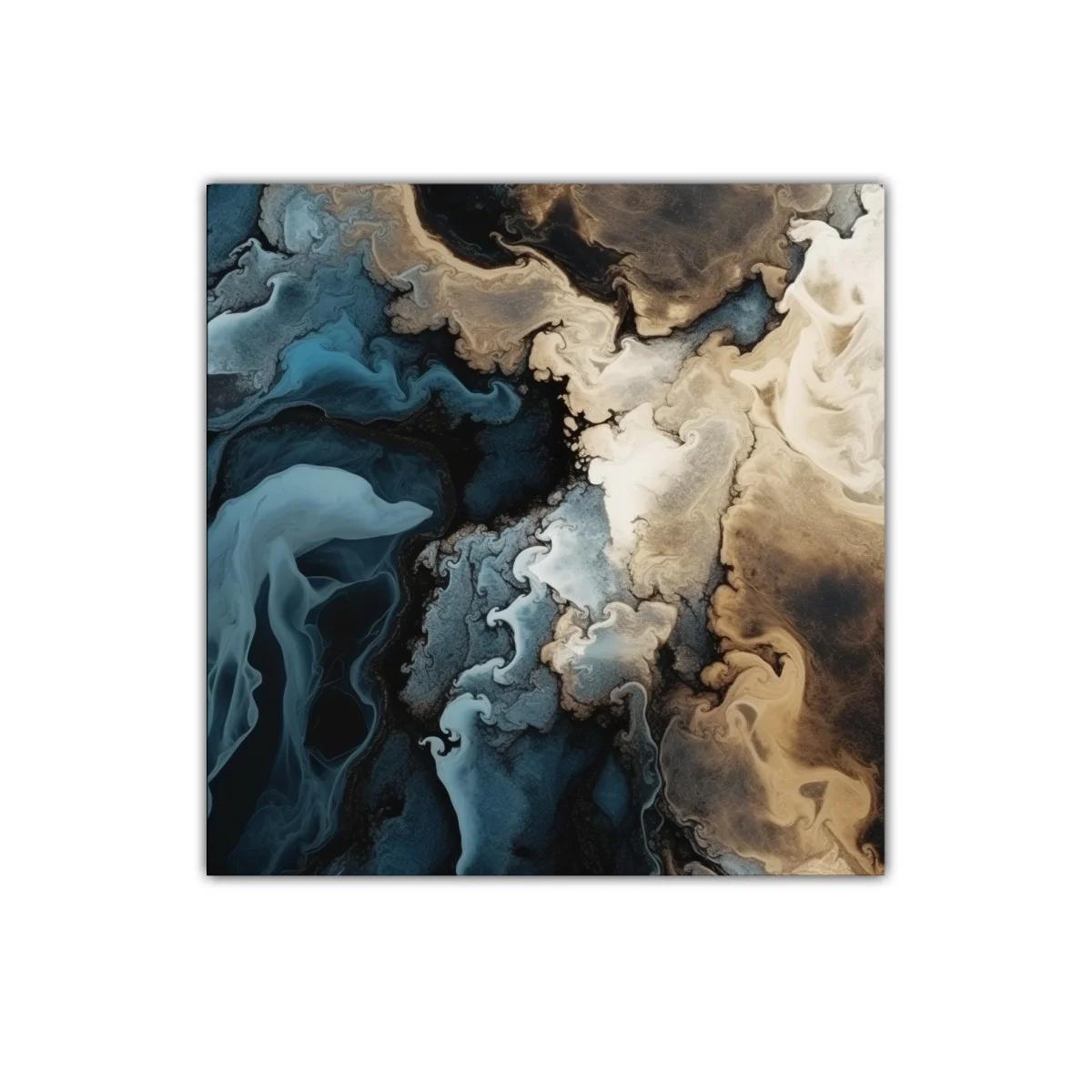 Cuadro abstracto con tonos tierra y azul profundo