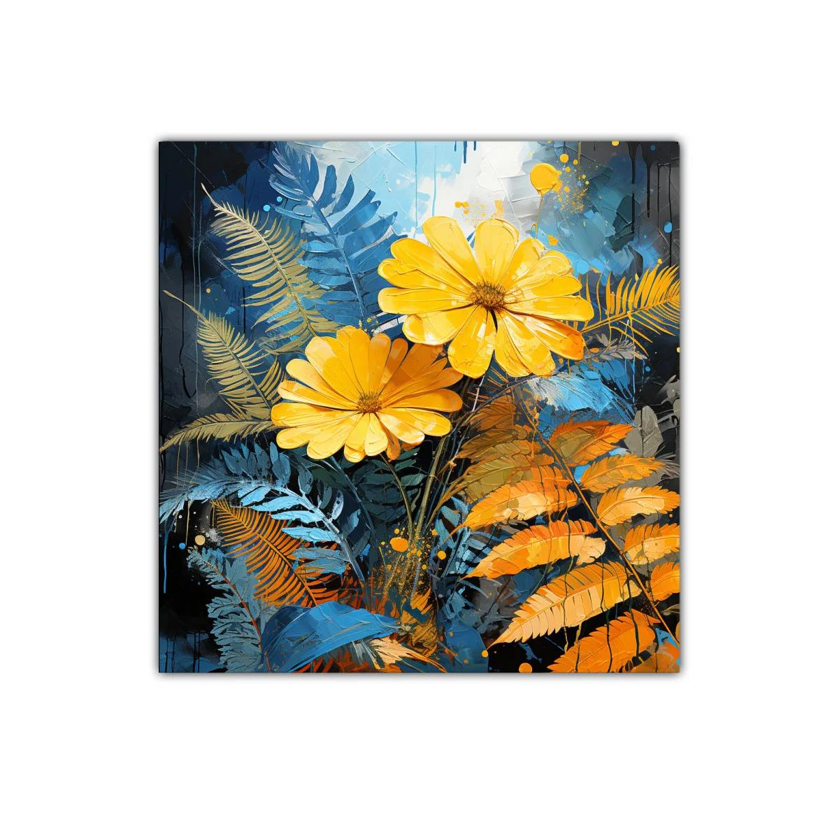Cuadro decorativo con flores amarillas y hojas azul y naranja — imagen principal