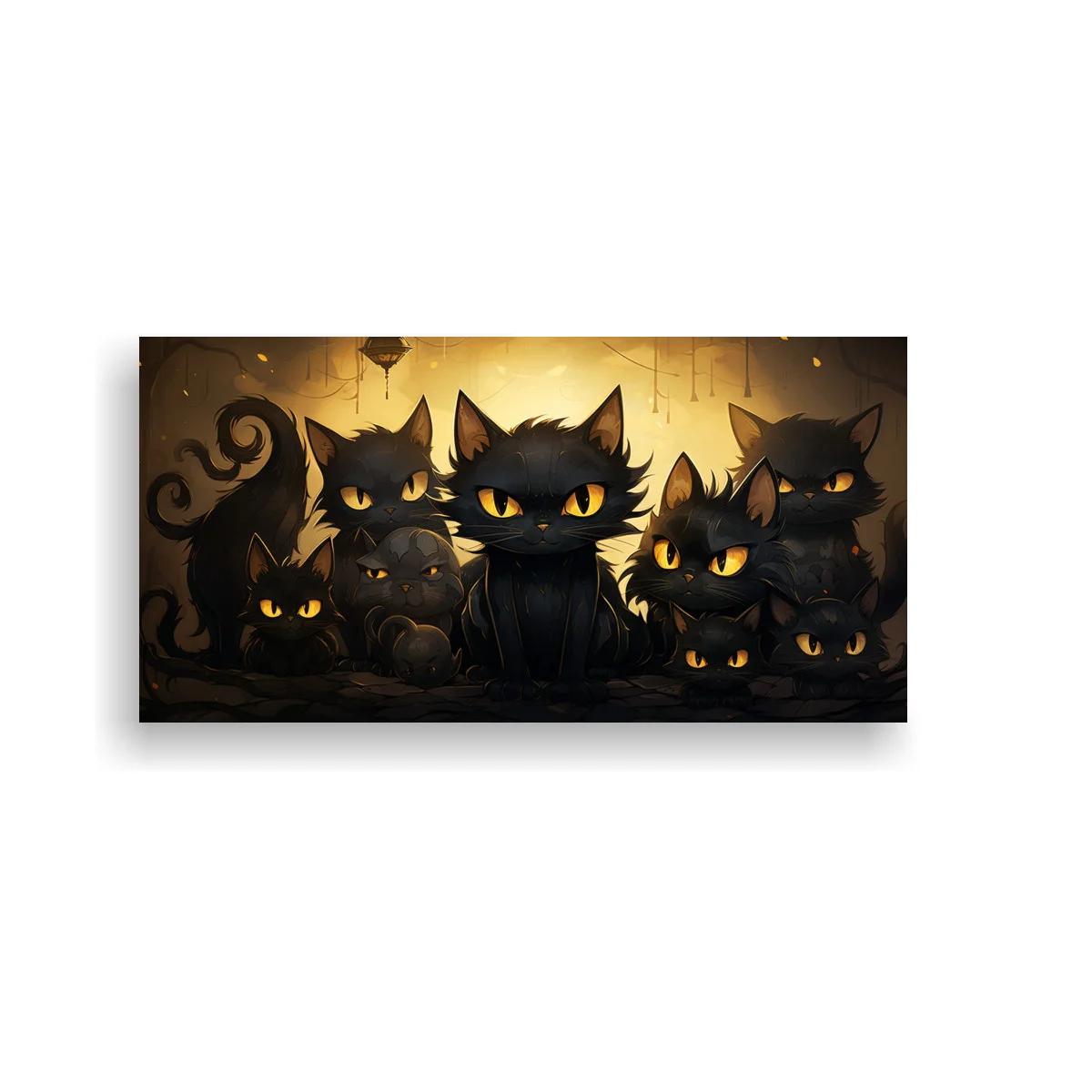 Cuadro grupo de gatos negros de ojos amarillos con farol colgante