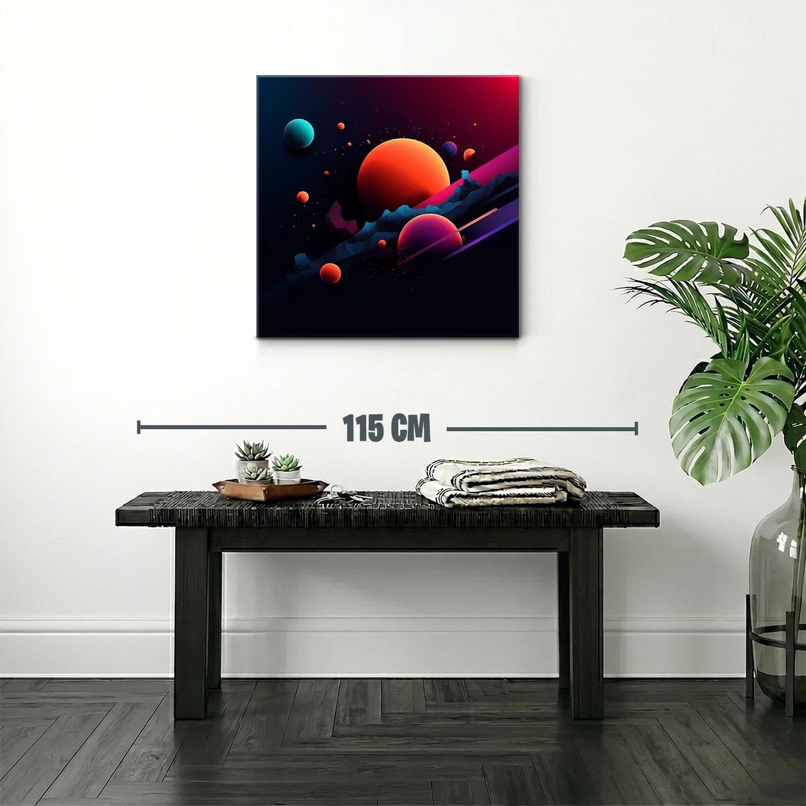 Cuadro abstracto con planetas vibrantes en espacio oscuro — miniatura 2