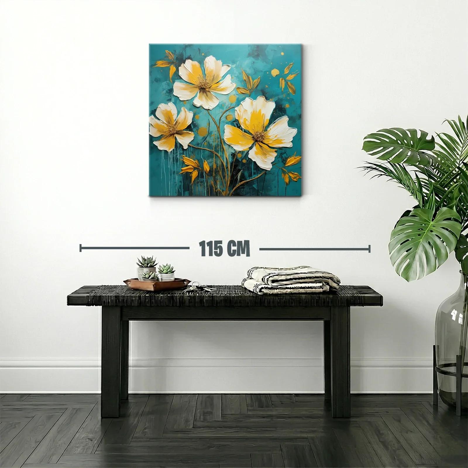Cuadro floral moderno en tonos cálidos y fondo azul profundo — miniatura 2