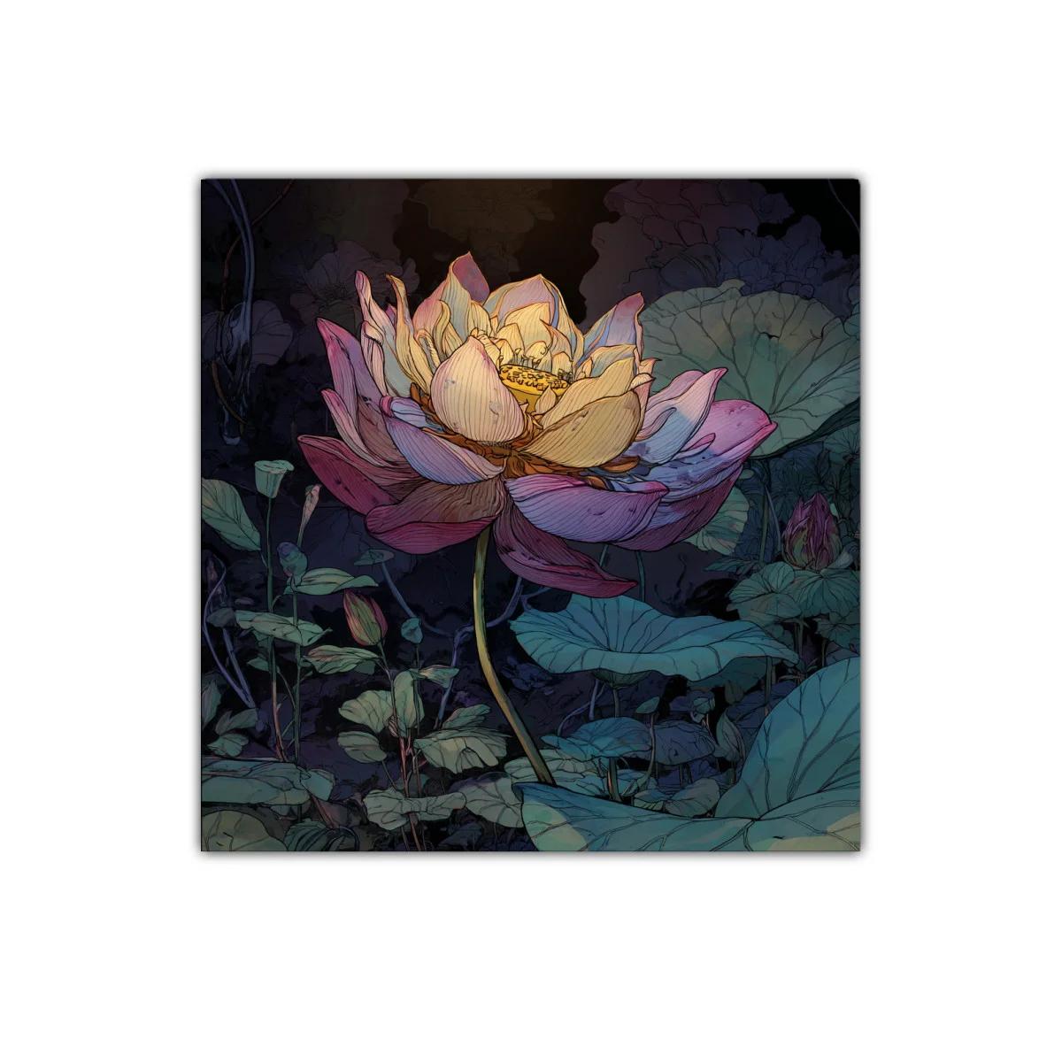 Flor luminosa entre hojas verdes en ambiente nocturno — imagen principal