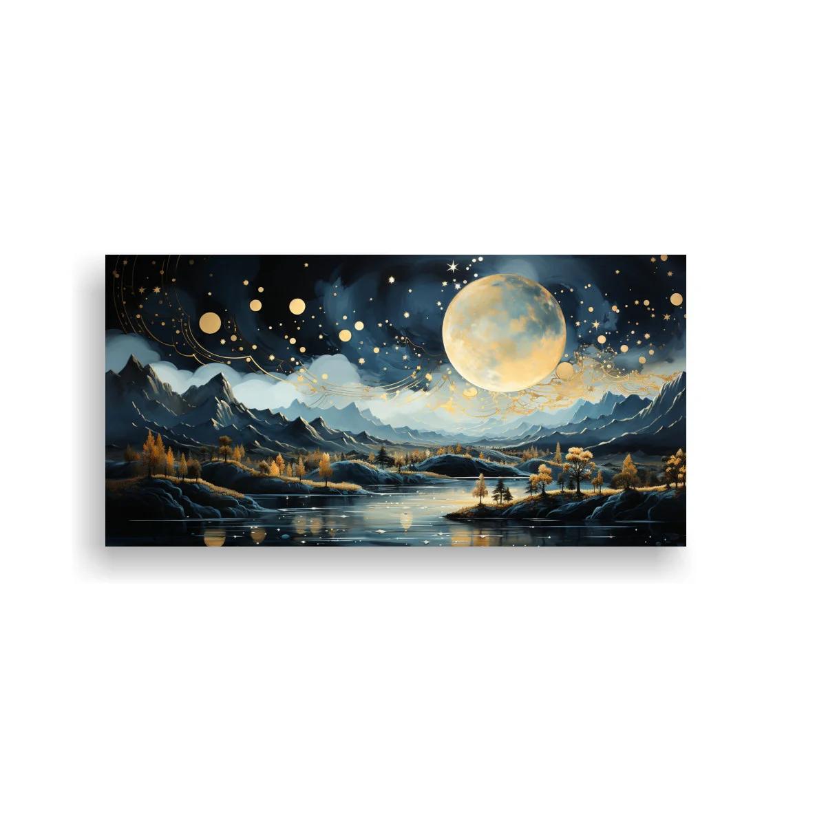Cuadro paisaje nocturno con luna llena dorada