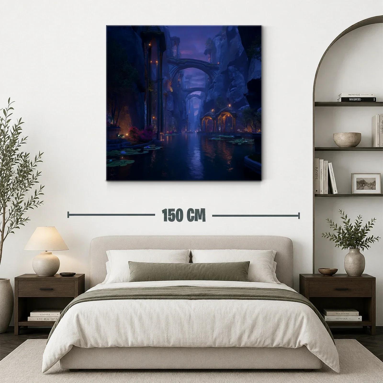Paisaje nocturno místico en cañón con arcos iluminados — miniatura 3