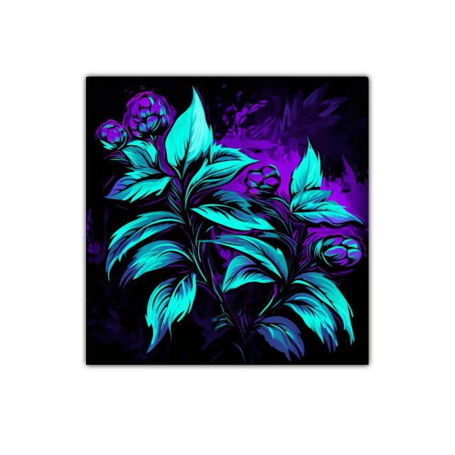 Cuadro decorativo floral con tonos azul y púrpura vibrante