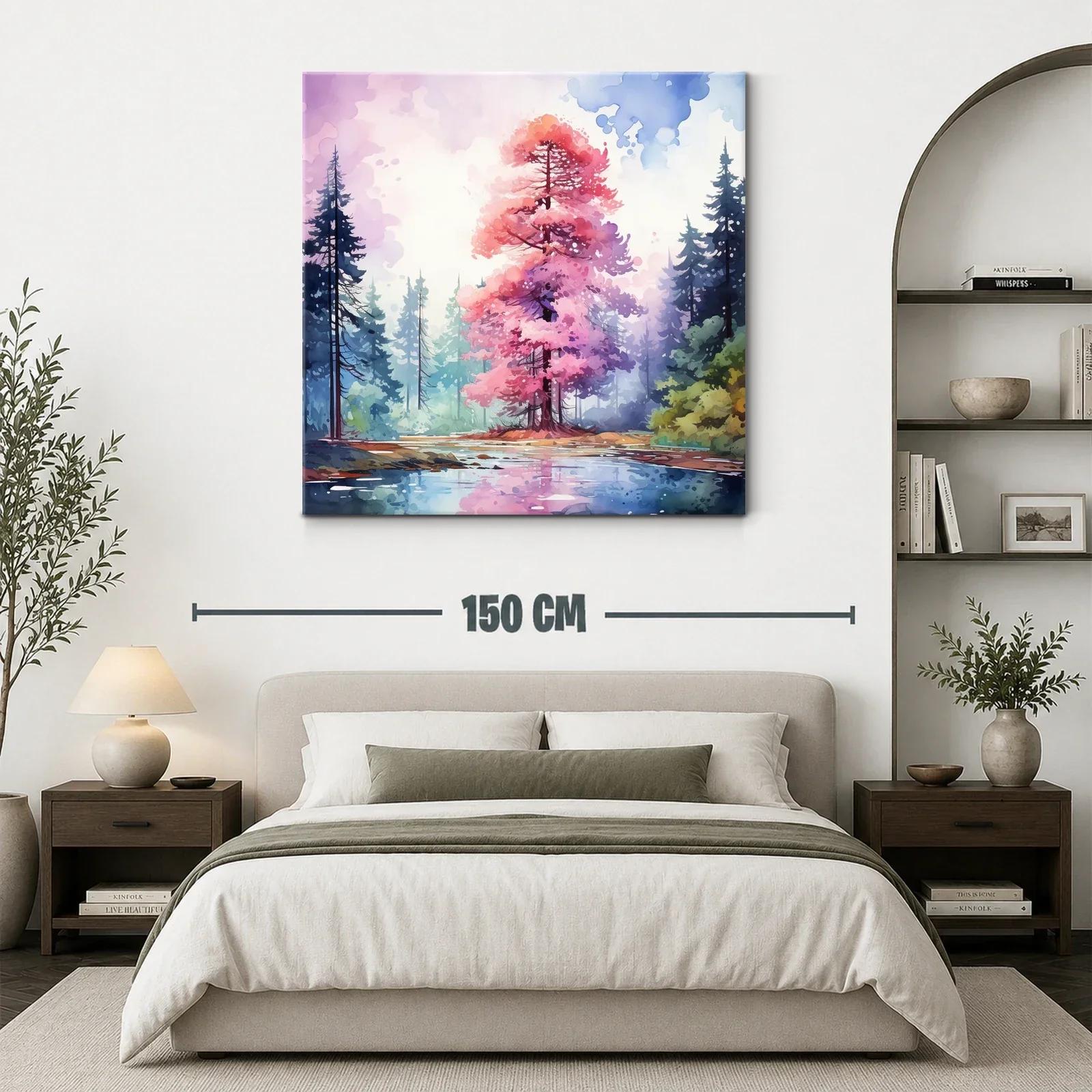Árbol rosa en paisaje sereno junto a lago reflejado — miniatura 3