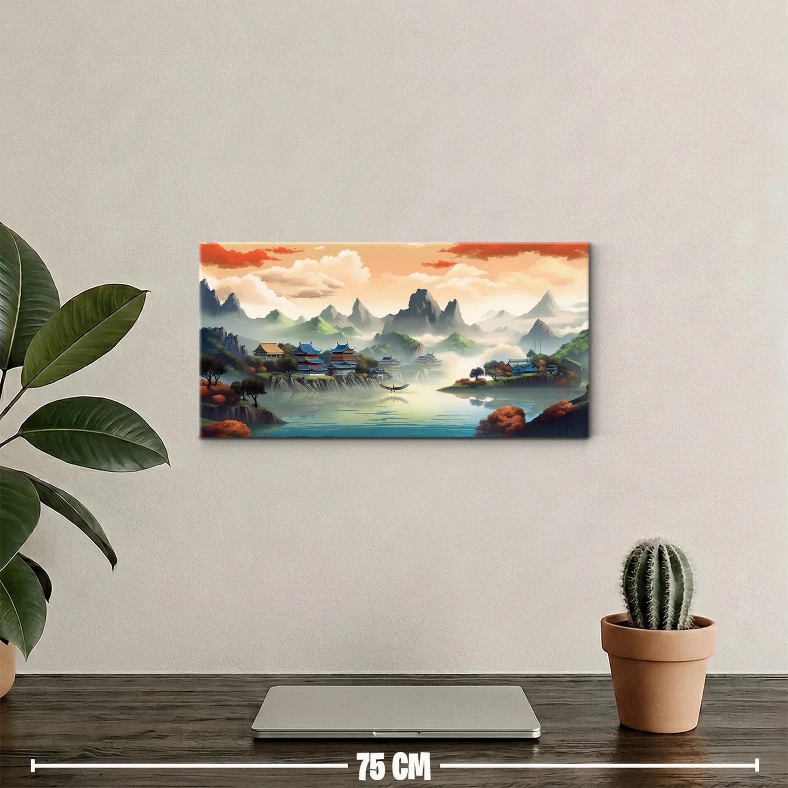 Cuadro paisaje asiático con pagodas y niebla — miniatura 2